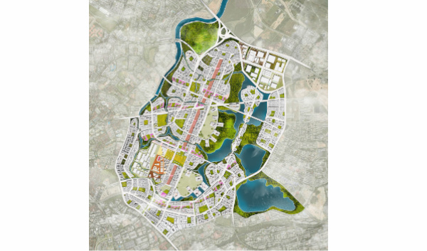 Overhead view of an urban plan with roads, buildings, green spaces, and lakes.